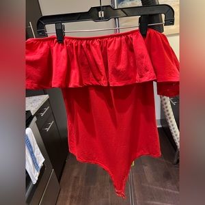 Red ruffle off the shoulder body suit from J Crew